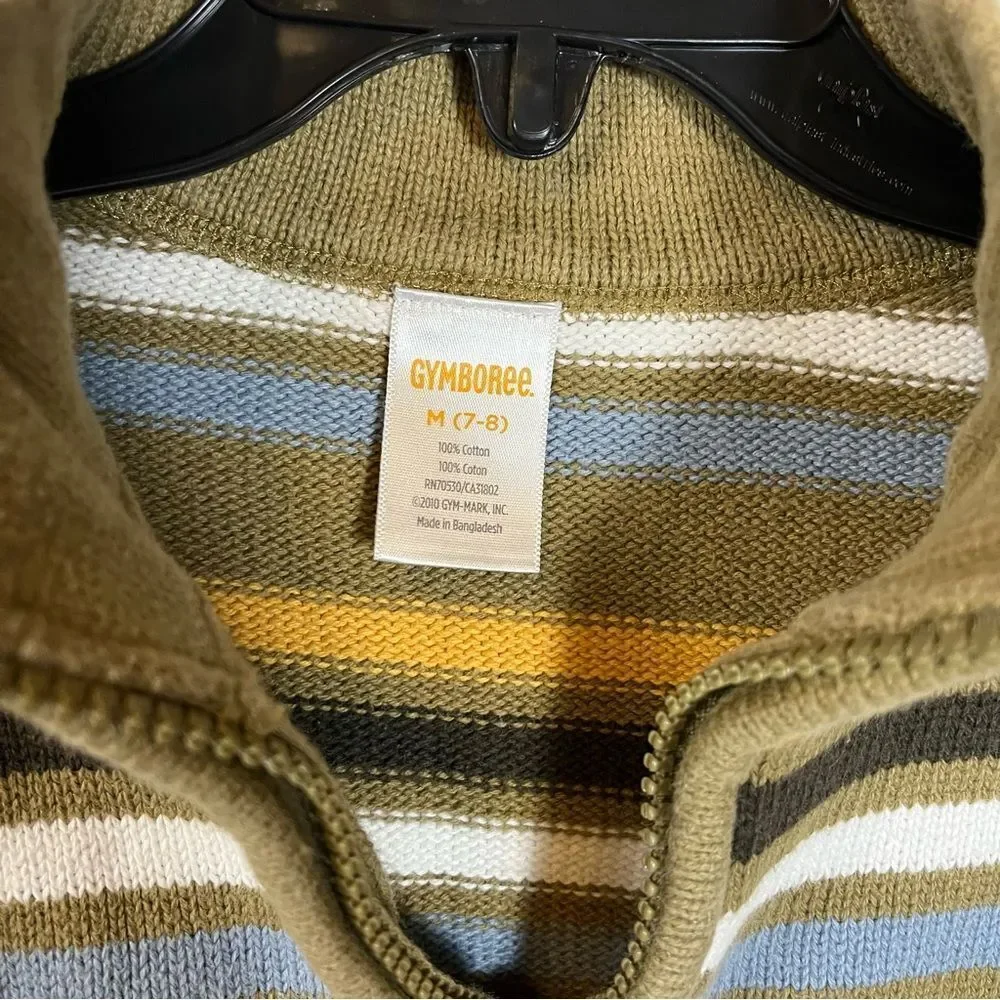 GYMBOREE Boys Long Sleeve Quarter Zip Striped Cotton Sweater Khaki & Blue M-7-8